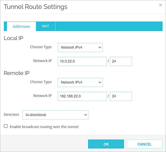 Screen shot of the tunnel route settings